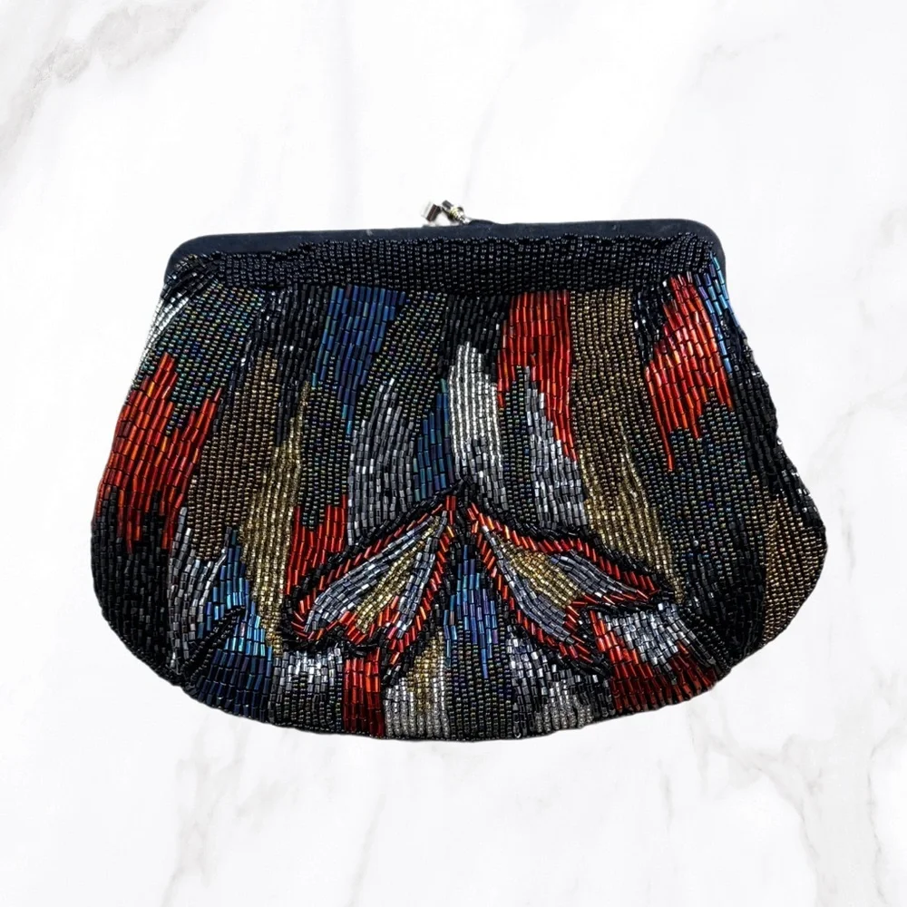 Vintage Palizzio Kiss Lock‎ Multicolor Beaded Evening Clutch